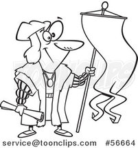 Cartoon Outline Christopher Columbus Holding a Scroll and Flag by Toonaday