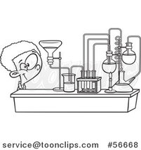 Cartoon Outline African School Boy Looking at His Lab Setup in Science Class by Toonaday