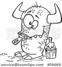 Cartoon Outline Horned Monster Eating a Paintbrush, Covered in Splatters by Toonaday