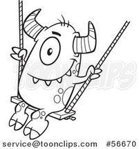 Cartoon Outline Horned Monster on a Swing by Toonaday