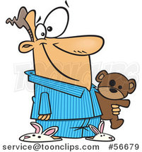 Cartoon White Guy in His Pajamas and Bunny Slippers, Holding a Teddy Bear by Toonaday