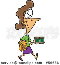 Cartoon Brunette White Lady Carrying Coffee and Donuts by Toonaday