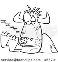 Cartoon Outline Horned Monster Sleeping Against a Boulder by Toonaday