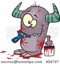 Cartoon Horned Monster Eating a Paintbrush, Covered in Red Splatters by Toonaday