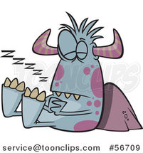 Cartoon Horned Blue and Purple Monster Sleeping Against a Boulder by Toonaday