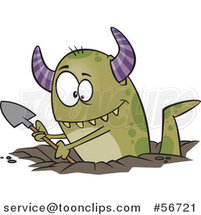 Cartoon Green Horned Monster Digging a Hole by Toonaday