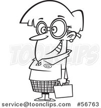 Cartoon Outline Nerdy Lady with Big Glasses, Holding a Briefcase by Toonaday