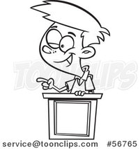 Cartoon Outline School Boy Winking and Giving a Lecture at a Podium by Toonaday