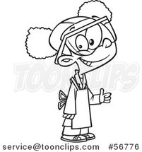 Cartoon Outline Black School Girl Wearing a Science Lab Coat, Apron and Goggles and Giving a Thumb up by Toonaday
