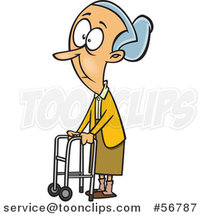 Cartoon White Senior Lady Using a Walker to Get Around by Toonaday