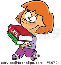 Cartoon Red Haired White School Girl Walking and Carrying Math Books by Toonaday