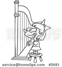 Cartoon Black and White Line Drawing of a Girl Playing a Harp by Toonaday