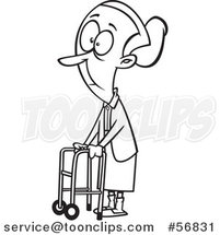 Cartoon Outline Senior Lady Using a Walker to Get Around by Toonaday