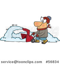 Cartoon White Guy Operating a Snow Blower on a Winter Day by Toonaday