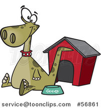 Cartoon Green Pet Dinosaur Sitting by a Food Bowl and House by Toonaday