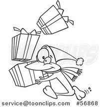Cartoon Outline Christmas Penguin Running with a Stack of Gifts by Toonaday