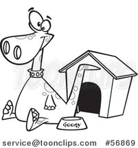 Cartoon Outline Pet Dinosaur Sitting by a Food Bowl and House by Toonaday