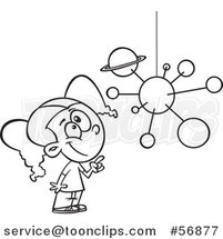 Cartoon Outline Smart School Girl Looking up and Pointing at a Solar System Mobile by Toonaday