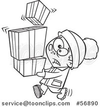Cartoon Outline Nervous Boy Carrying a Shaky Stack of Christmas Gifts by Toonaday