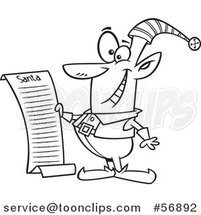 Cartoon Outline Christmas Elf Reading Santas List by Toonaday