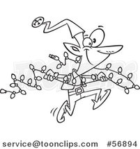 Cartoon Outline Christmas Elf Running with a Strand of Lights by Toonaday