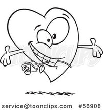 Cartoon Outline Romantic Love Heart Character with Open Arms and a Rose in His Mouth by Toonaday