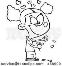 Cartoon Outline African Girl Playing He Loves Me Loves Me with Flower Petals by Toonaday