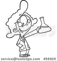 Cartoon Outline School Girl Holding up a Beaker in Science Class by Toonaday