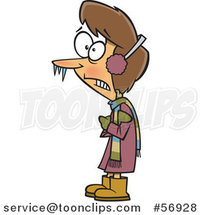 Cartoon Brunette White Lady with Icicles on the Tip of Her Nose, Shivering on a Winter Day by Toonaday