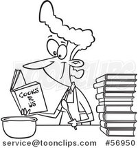 Cartoon Outline Lady Learning to Cook with Books by Toonaday