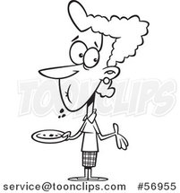 Cartoon Outline Lady with a Full Mouth, Shrugging and Holding a Plate After Eating Cake by Toonaday