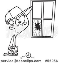 Cartoon Outline Worried Boy Standing Next to a Window Broken by a Baseball by Toonaday