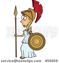 Cartoon Roman Goddess of War, Athena, Holding a Shield and Spear by Toonaday