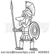 Cartoon Outline Greek God of War, Ares, in Full Armor, Holding a Spear by Toonaday