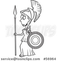 Cartoon Outline Roman Goddess of War, Athena, Holding a Shield and Spear by Toonaday