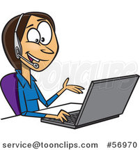 Cartoon Brunette White Businesswoman Working on a Laptop and Offering Tech or Customer Service Support by Toonaday
