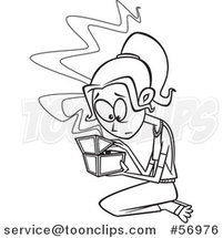 Cartoon Outline Lady, Pandora, Kneeling and Opening a Box by Toonaday