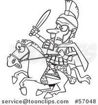 Cartoon Outline Spartan Soldier, Alexander the Great, Wielding a Sword on a Horse by Toonaday