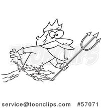 Cartoon Outline Merman, Poseidon, Holding a Trident by Toonaday