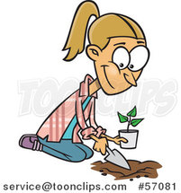 Cartoon Blond White Lady Kneeling and Planting a Seedling by Toonaday