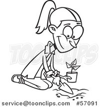 Cartoon Outline Lady Kneeling and Planting a Seedling by Toonaday