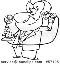 Cartoon Outline Inventor, Alexander Graham Bell, Holding a Candlestick Telephone by Toonaday