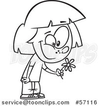 Cartoon Outline Girl Holding a Spring Flower by Toonaday
