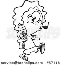 Cartoon Outline Girl Whistling and Walking to School by Toonaday
