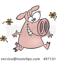 Cartoon Pink Pig Running and Tossing Spring Flowers by Toonaday