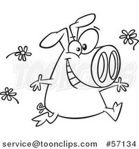 Cartoon Outline Pig Running and Tossing Spring Flowers by Toonaday