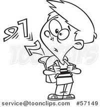 Cartoon Outline School Boy Watching Numbers Escape from His Backpack by Toonaday