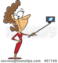 Cartoon Brunette White Lady Taking a Portrait with a Selfie Stick by Toonaday
