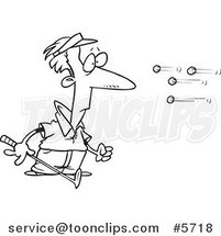 Cartoon Black and White Line Drawing of Golf Balls Flying at a Golfer by Toonaday