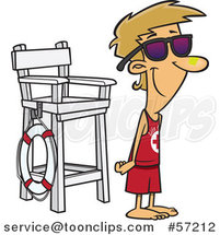 Cartoon Young White Lifeguard Wearing Sun Block on His Nose and Standing by a Chair by Toonaday